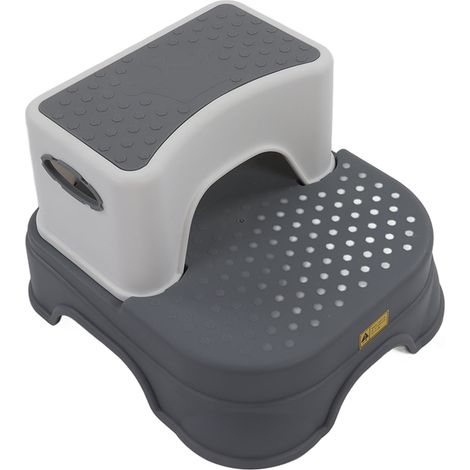 Tabouret escabeau double antidérapant, hauteur réglable, base élargie, ergonomique pour tout-petits, 2 niveaux détachables, gris et blanc (1/5)