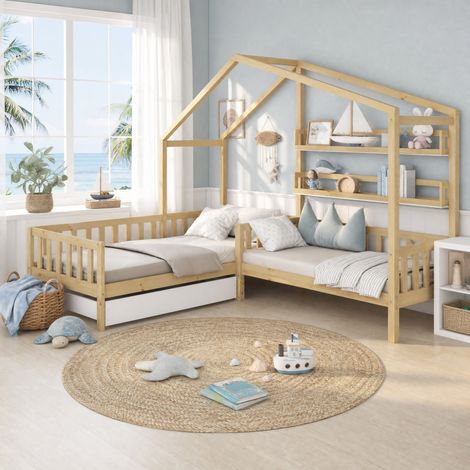 DESMIU Lit cabane 1 place avec tiroir, étagères et barrières 90 × 200 cm et 140 × 70 cm, sans matelas (1/5)
