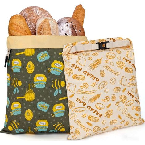 Sacs à pain extra larges en cire d'abeille (conçus pour le pain - lot de 2, motif citron) - Sacs de rangement réutilisables, 100 % coton (1/5)