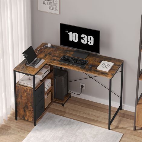 WOLTU Eckschreibtisch Computertisch, Schreibtisch L-Form, Bürotisch mit Steckdosen USB-A Typ-C, Eckschreibtisch mit Regal umkehrbar Rechnerfach, 120x80 cm, Vintagebraun