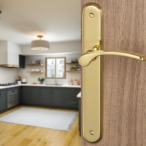 Ouvre&Déco – Poignée de porte d'entrée EVA – 2 poignées en laiton poli – Entraxe 195 mm – Fonction bec de cane sans trou de serrure – Vernis PROTEC FINISHING (1/3)