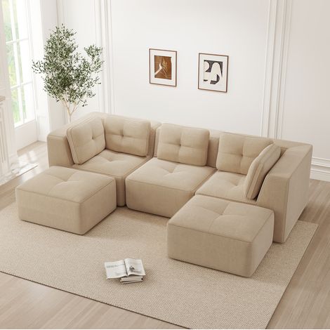 REDOM - Divano angolare modulare, seduta profonda, comfort avvolgente, tessuto a coste beige (1/5)