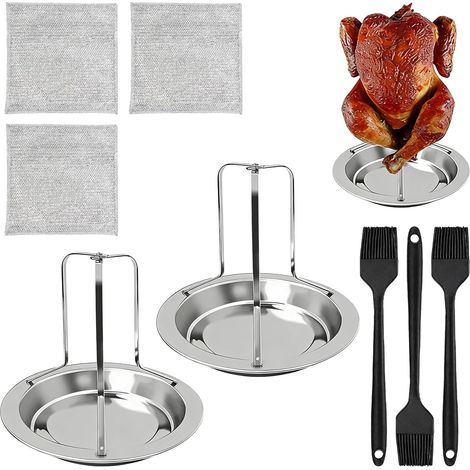 Lot de 2 rôtis à poulet en acier inoxydable - Support suspendu pour four Barbecue à poulet amovible avec 3 pinceaux à huile et 3 chiffons de nettoyage pour camping, barbecue (1/5)