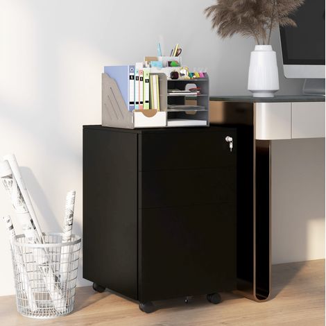 Caisson de bureau verrouillable à 3 tiroirs, mobile sur roulettes avec freins, porte-dossiers réglables, structure métal noir, 37 x 43,5 x 60 cm - CHICFURN (1/5)