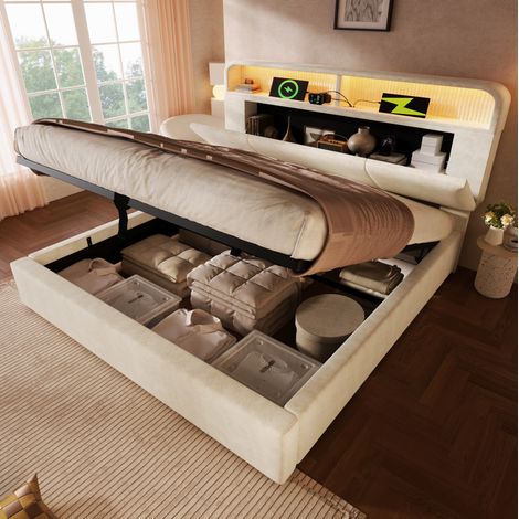 Cama matrimoniales 140x200cm cabecero regulable con almacenamiento sistema hidráulico iluminación LED estación de carga terciopelo beige (Sin colchón) (1/5)