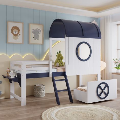 Lit superposé enfant, en MDF, avec tiroir, sur roulettes, bleu foncé, 90 x 200 cm, pour chambre enfant, tiroir roulettes, toit fenêtre