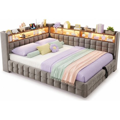 Canapé-lit 140 x 200 cm avec coffre hydraulique, LED, prises USB et port Type-C, étagères intégrées, velours gris clair – CHICFURN (1/5)