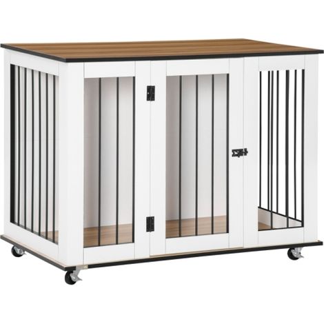 Stylish Dog Crate Furniture with Wheels for Large Dogs, 106 x 60 x 82 cm, Elegant White Dog Cage End Table (1/5)