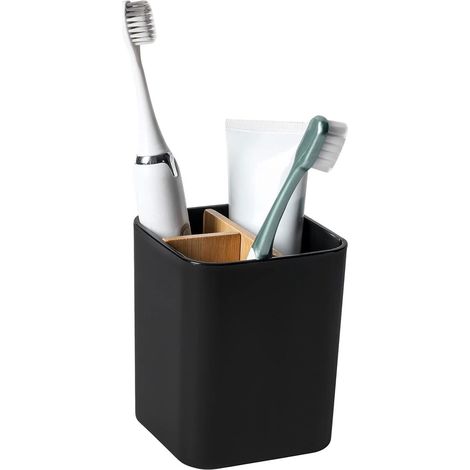 Porta spazzolini con bicchiere in plastica, 2 scomparti per spazzolini e 1 contenitore per spazzolino elettrico, dentifricio e idropulsore, nero. (1/5)