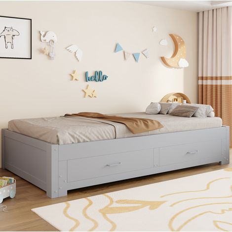 DESVIAE Canapé lit gigogne extensible en bois avec 2 tiroirs sommier à lattes style minimaliste gris 90 x 190 cm extensible 180 x 190 cm pour chambre appartement et chambre d amis (1/5)