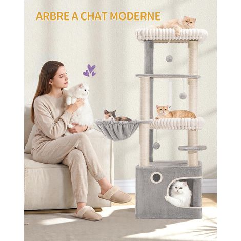 Arbre à Chat Hauteur 151 cm, avec 6 Poteaux à Griffer, 1 Grande Niche, 3 Grandes Plateformes, Panier et 4 Pompons. Arbre a Chat à Plusieurs Niveaux, Gris Clair (1/5)