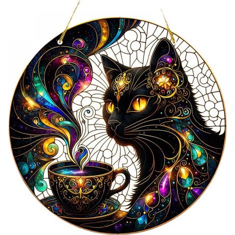 Deco Fenetre Chat Lune - Acrylique Transparent - Suspension Cordons Dorés - Decoration Intérieure Halloween Automne - 20x20 cm - 1 Pièce