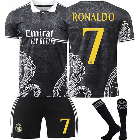 Maillot Real Madrid 23-24 version motif, tenue d'entraînement enfant et adulte, équipement sportif d'équipe n°7 Ronaldo, ensemble football domicile extérieur.
