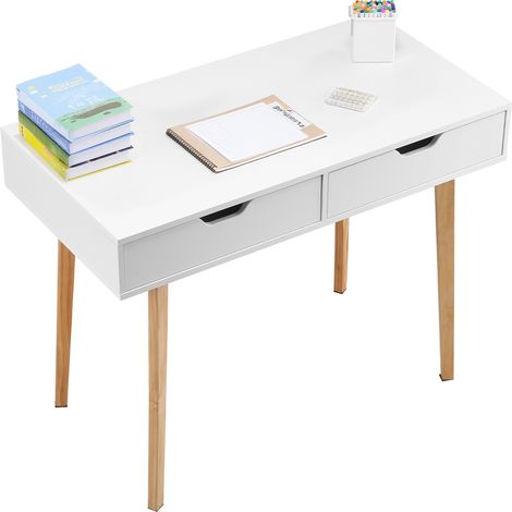 VEVOR Scrivania Piccola con 2 Cassetti, Semplice Tavolo da Studio in Legno per Disegnare, Leggere, Tavolo da Lavoro Rettangolare con Spazio di Archiviazione per Ufficio Domestico, Bianco e Legno