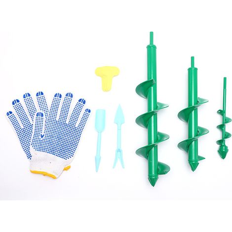Auger Bit Set of 6 with Garden Gloves for Planting Hole Drill Planter Auger Bit Bulb Litter Digging Post Hole Planting Tool - Green (1/5)
