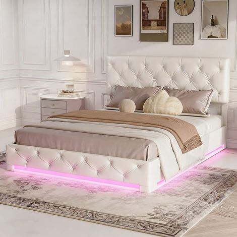 Letto contenitore 140x190 cm lino beige con LED, testiera regolabile, rete a doghe e spazio di stivaggio