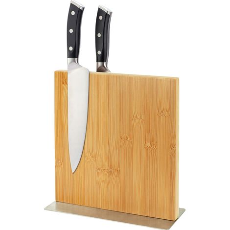 Relaxdays magnetic knife holder, double-sided, bamboo & stainless steel, HxWxD: 23 x 25 x 10 cm, natural/silver (1/5)