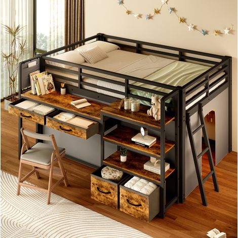 Cama alta 140x200 cm de metal negro con escritorio y almacenaje, sin colchón - MEUBLIV (1/5)
