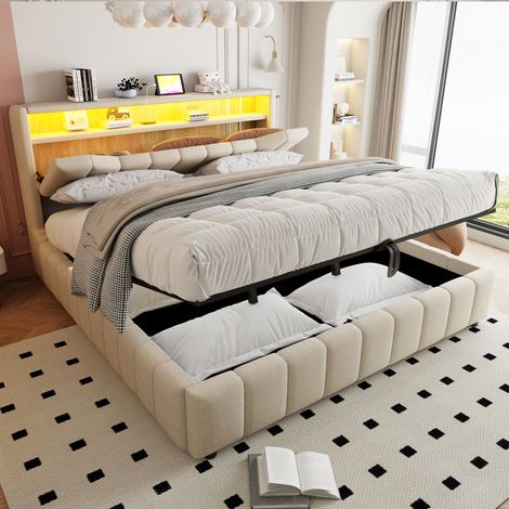 Lit rembourré 180x200 cm avec espace de rangement en dessous, lit multifonctionnel avec système hydraulique, bande LED sur la tête de lit, ports de chargement USB et USB-C, lit double en lin résistant (1/5)