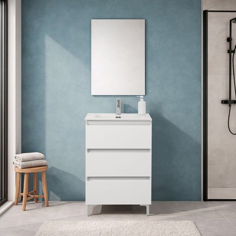 Mobile bagno a terra 60 cm in bianco lucido con lavabo e specchio Leda (1/5)