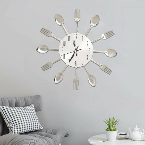 vidaXL Reloj de pared diseño cuchara y tenedor plateado 31 cm aluminio (1/5)