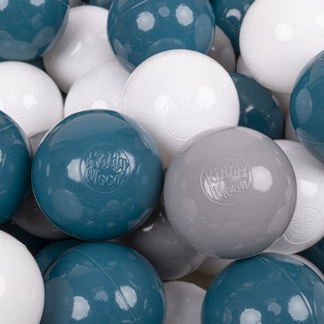 Palline di plastica KiddyMoon da 7 cm, turchese scuro, grigio e bianco, confezione da 200 palline giocattolo. (1/3)