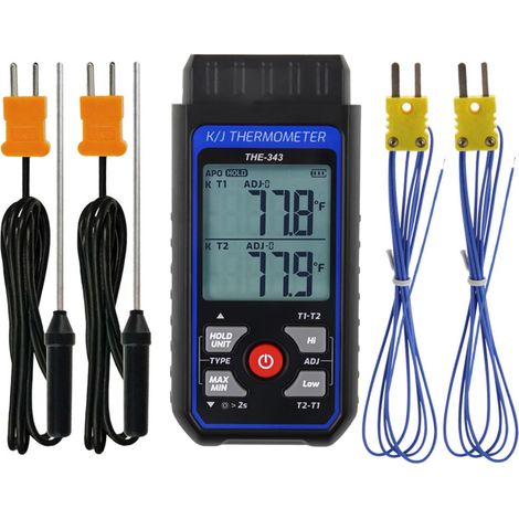 Termómetro digital de termopar K/J, 2 canales, 4 sondas incluidas, compensación ajustable, pantalla retroiluminada (-199 a 1371 °C)