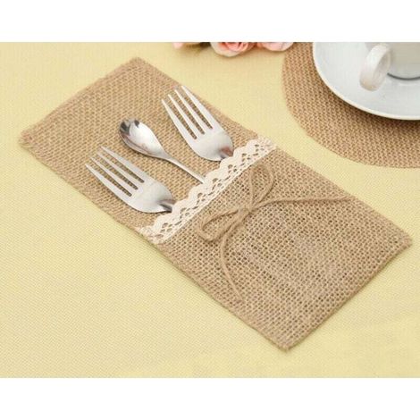 20pcs avec couvercle porte sac dentelle mariage vaisselle sac fourchette jute Vintage baptême pays décoration table partie fournitures (1/4)