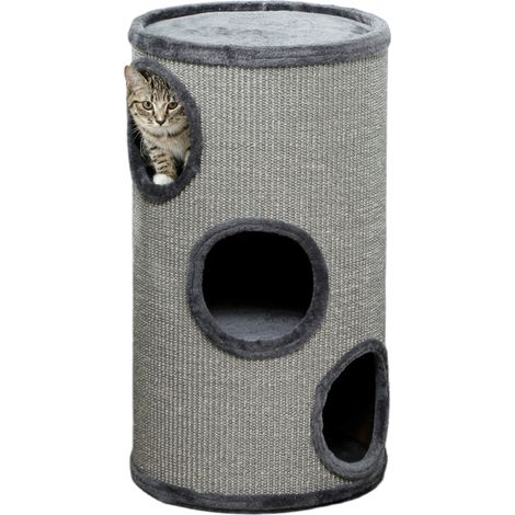 Tonneau à gratter pour chat - PawHut - 3 niveaux - recouvert de peluche - en sisal - Ø 38 x 70 cm - gris clair