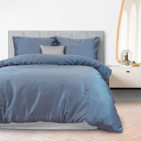 Linge de lit en coton 220x200 cm, tissage satiné naturel, bleu lisse (1/5)