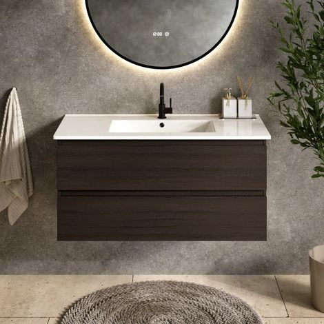 Badezimmermöbel Varo - 100 cm - Walnuss - Weißes Waschbecken (1/4)
