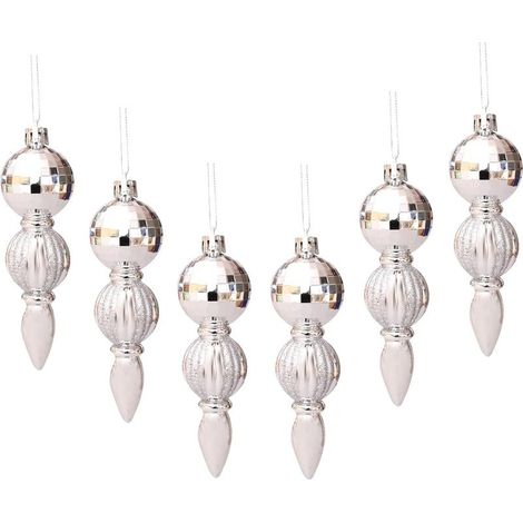 Decorative Christmas Baubles – 6 pieces in blown glass with long pendants for the tree, festive and elegant design (1/5)