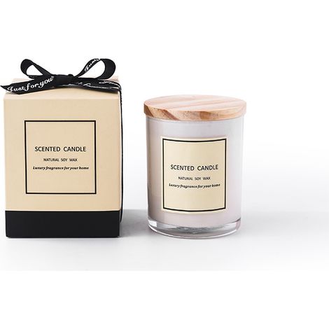 Verre blanc neutre sans logo avec couvercle en bois, bougie d'aromathérapie, ruban, coffret cadeau, cire de soja, usage domestique (1/5)