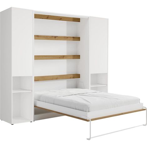 Letto a scomparsa verticale 160 x 200 cm 2 colonne contenitore Con LED Bianco e naturale - RAPILI