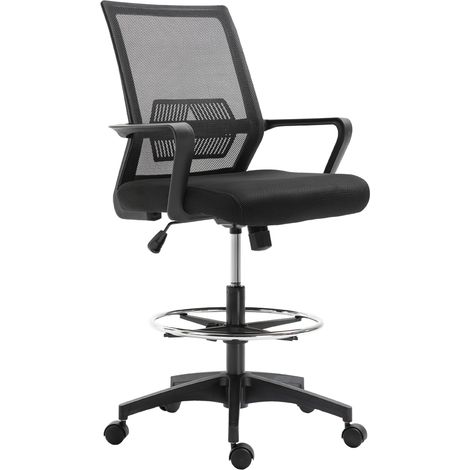Silla de oficina ajustable de tela de malla con reposabrazos y aro reposapiés, 64x59x104-124 cm, negra. (1/5)