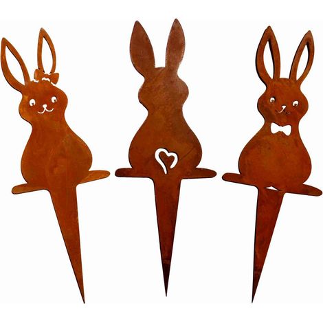 Piquet de Jardin Lapin Décoration de Pâques en Métal Rouillé Patine Déco Printemps H18 cm - PANGIVO