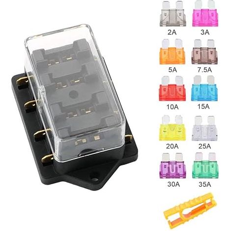 Car Fuse Box, 12V/24V/32V/48V Universal Standard Blade Fuse Holder with Waterproof Cover and Blade Fuses for Car, Truck, Boat, Marine (1/4)
