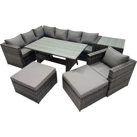 Fimous Outdoor PE Rattan Sofa Set with Dining Table Patio Garden Furniture Sets with Side Table 2 Big Stool Dark Grey Mixed (1/5)