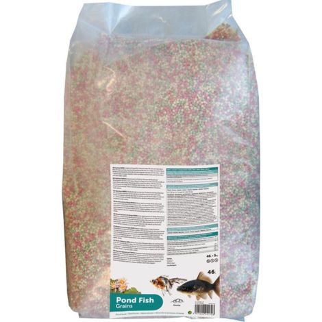 Nourriture pour poissons d'étang en granules 46L – Aliment complet flottant 3-5mm – Composition : blé, soja, spiruline – Pour températures > 10°C – Flamingo