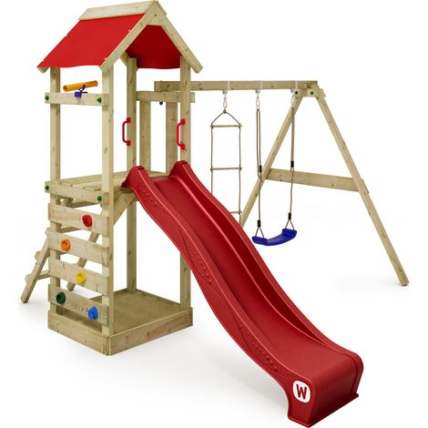 Wickey Wooden climbing frame FreeFlyer with swing set and slide, Garden playhouse with sandpit, climbing ladder & play-accessories - red