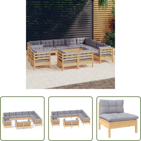 Terrassensofa - 12-tlg. Garten-Lounge-Set mit Grauen Kissen Massivholz Kiefer (1/5)