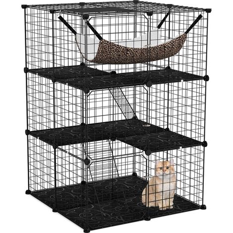 Goplus – Cage pour chat et chien 3 niveaux – Enclos en métal avec hamac et échelle – Dimensions 74x74x107cm – Maison d'intérieur noire (1/5)