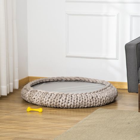 Cama redonda para perros y gatos con bordes elevados y cojín, cama acolchada para perros con efecto terciopelo, Φ93x15cm, gris