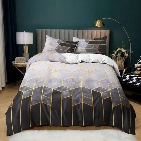 Parure de lit 220x240cm Rayé Géométrique Gris Microfibre Housse de couette avec 2 taies d'oreiller 80x80cm
