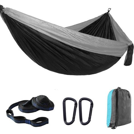 Hamac Jardin Exterieur Voyage Ultra-léger Double Couche Durable en Parachute Nylon Max Payload 300KG270x140cm 2 Mousquetons2 SanglesHamac de Camping Randonnée Trekking (Gris)