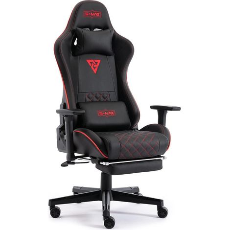 Gaming Stuhl mit Fußstütze, 3D Armlehne, Lendenwirbelstütze, PU Leder, Schwarz (1/5)