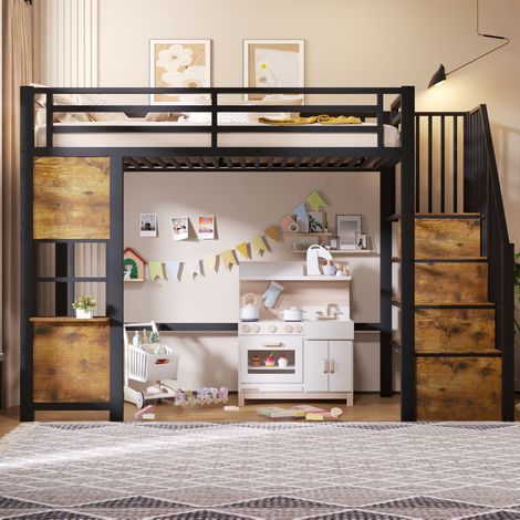 Letto a soppalco, 90 x 200 cm, struttura in ferro, scaletta contenitore, vano contenitore aperto sotto il letto, design con finestra, sponda di sicurezza, senza materasso, nero (1/5)