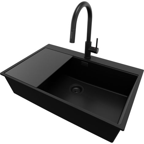PRIMAGRAN Evier Cuisine en Granit 78x50cm, Lavabo 1 bac + Robinet 40x20cm + Kit de Vidage + Accessoire, Évier à Encastrer au meuble 80cm - Oslo, Tout Noir (1/5)
