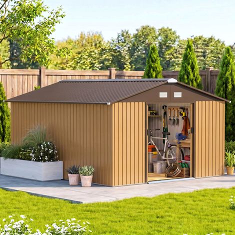 Cabane de jardin avec 2 portes coulissantes et 4 prises d'air en acier, 340x386x200cm, jaune (1/5)