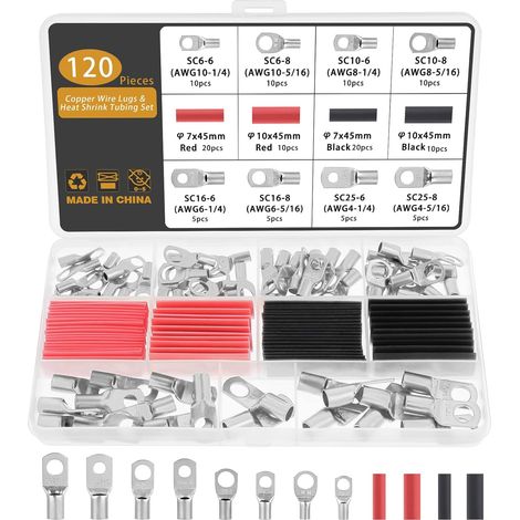 Gueenky 120 Pièces Cosse a Sertir 6/10/16/25mm², 8 Tailles M6 M8 Cosse Batterie a Sertir, Cosse Electrique Cosses Tubulaires SC Bornes Cosses de Câble à Anneau Cuivre avec Gaines Thermorétractables (1/5)